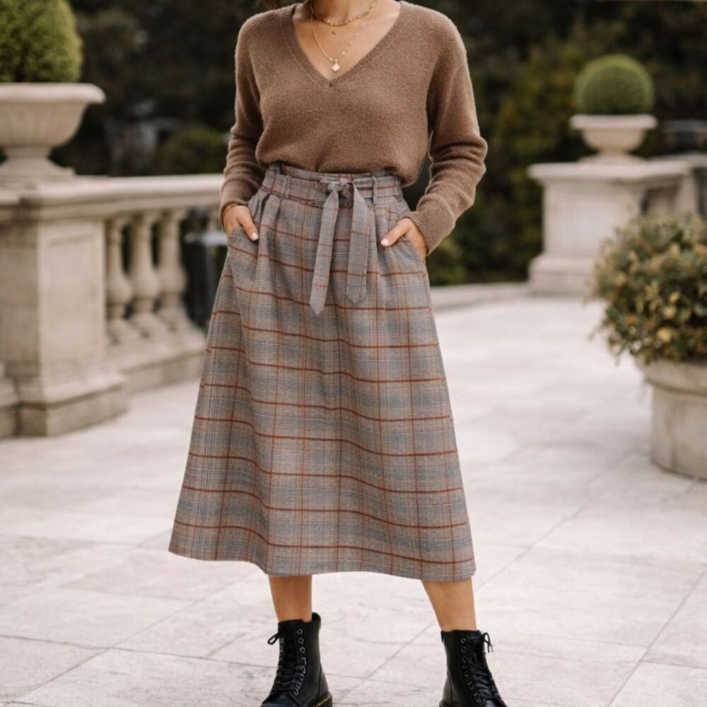 Sweet Salt Plaid Tweed Pencil Midi Skirt Grey Brown Size S Belted quiet luxury